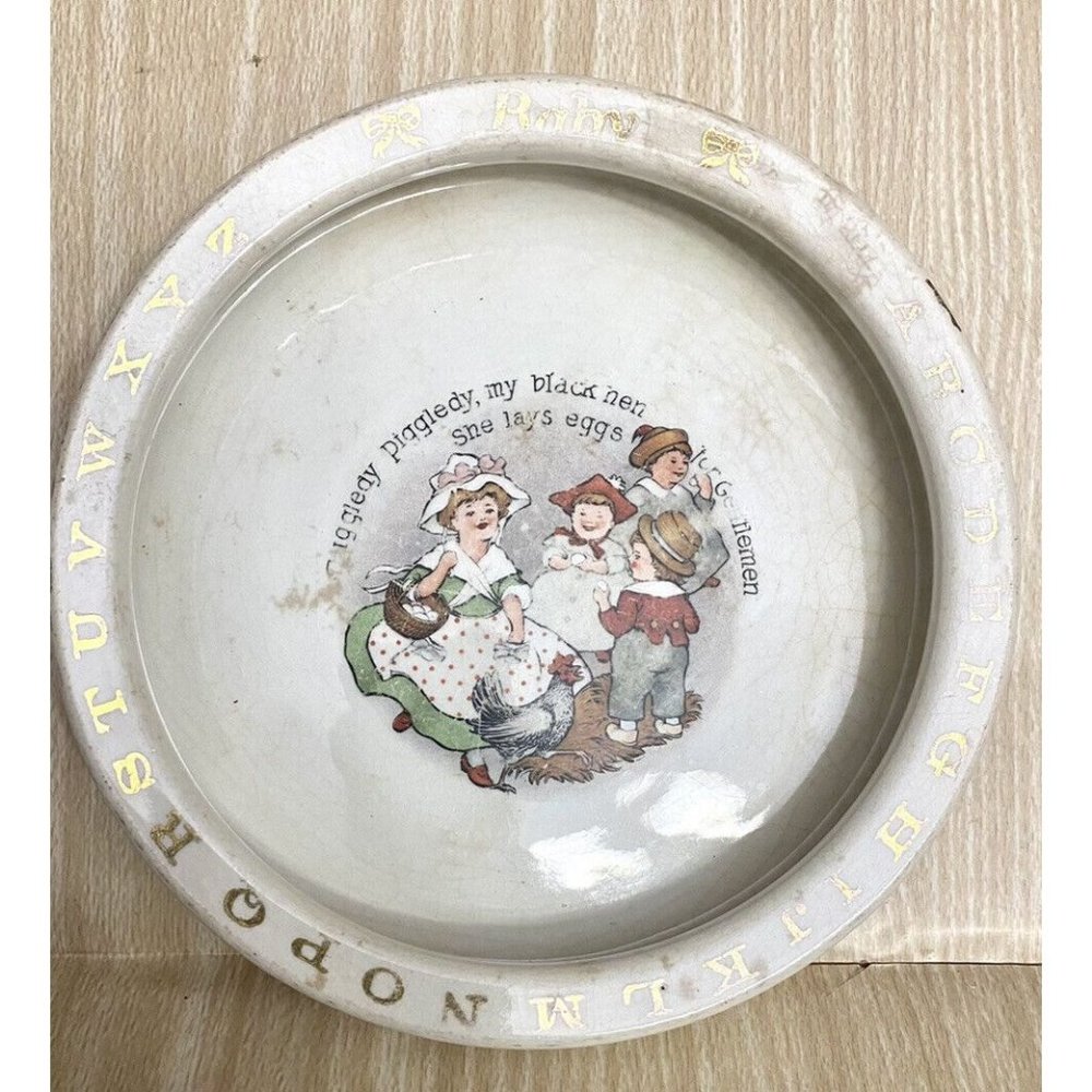 Roseville Pottery Baby Feeding Dish Alphabet  Nursery‎ Rhyme Lady Hen Kids Eggs